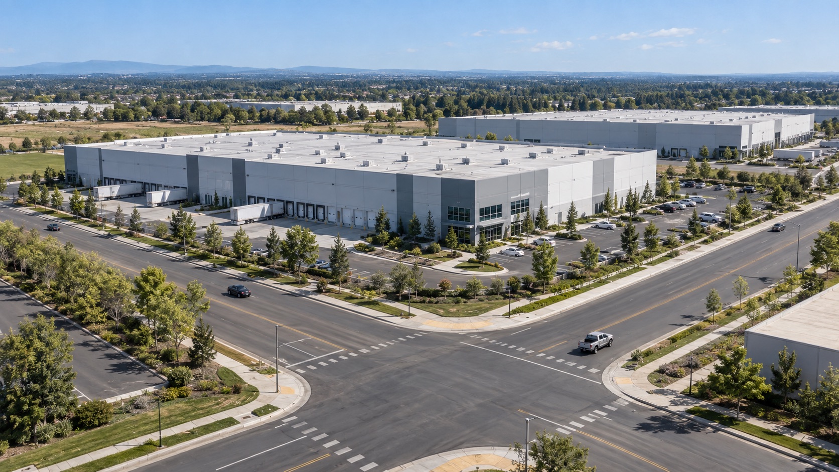 AI-generated aerial concept of an industrial park with warehouses, access roads, and a nearby intersection