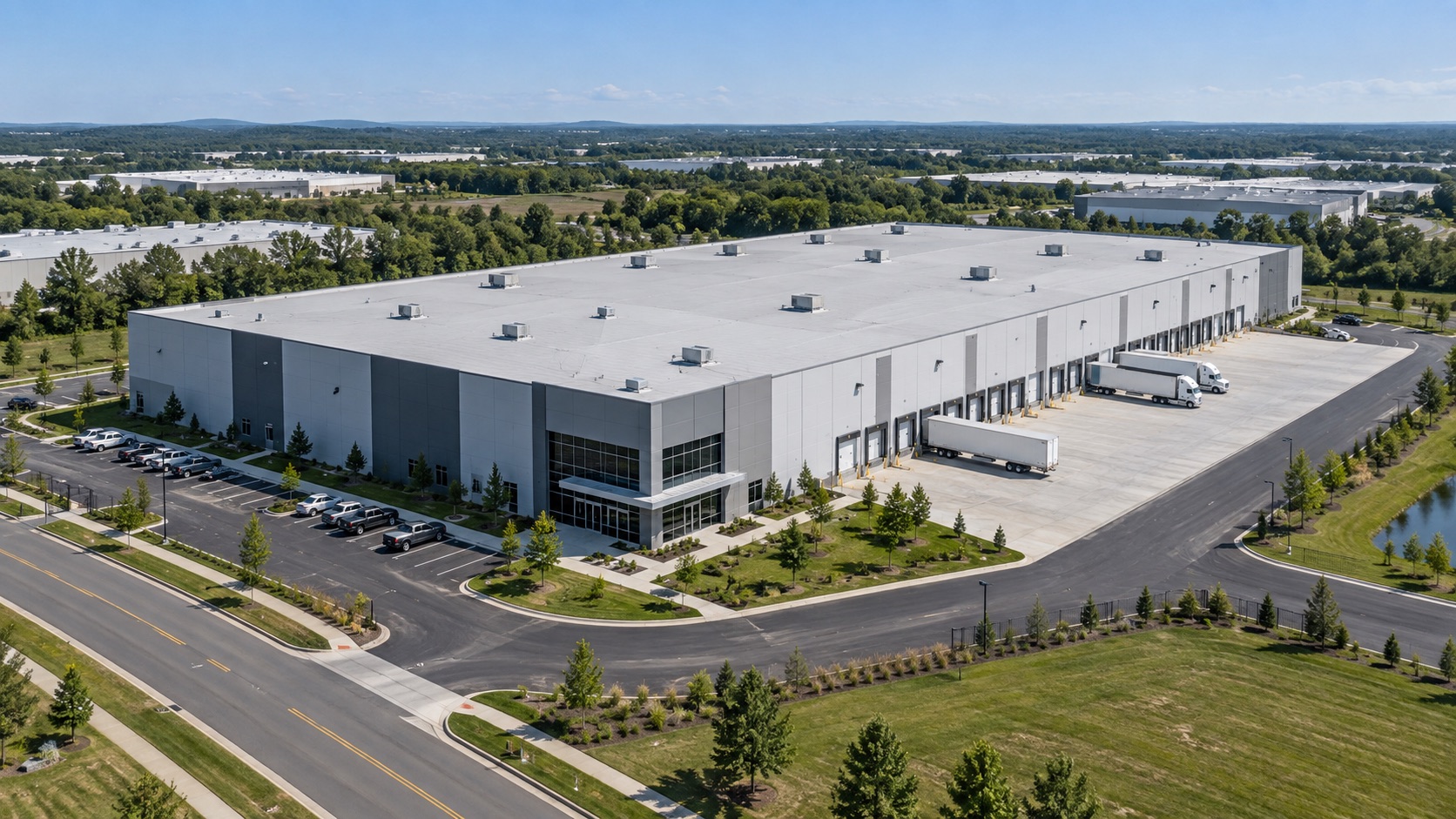 AI-generated aerial concept of a warehouse with loading docks, truck court, and separate employee parking