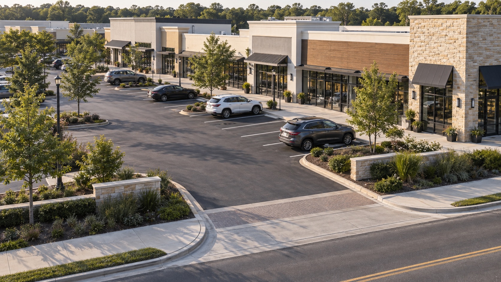 Lower aerial view of a retail driveway entrance, customer parking aisle and sidewalk along storefronts.