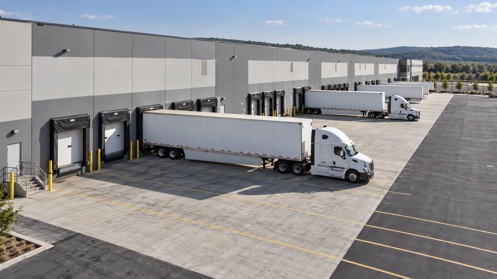 AI-generated oblique concept showing warehouse loading docks, parked trailers, and the truck court
