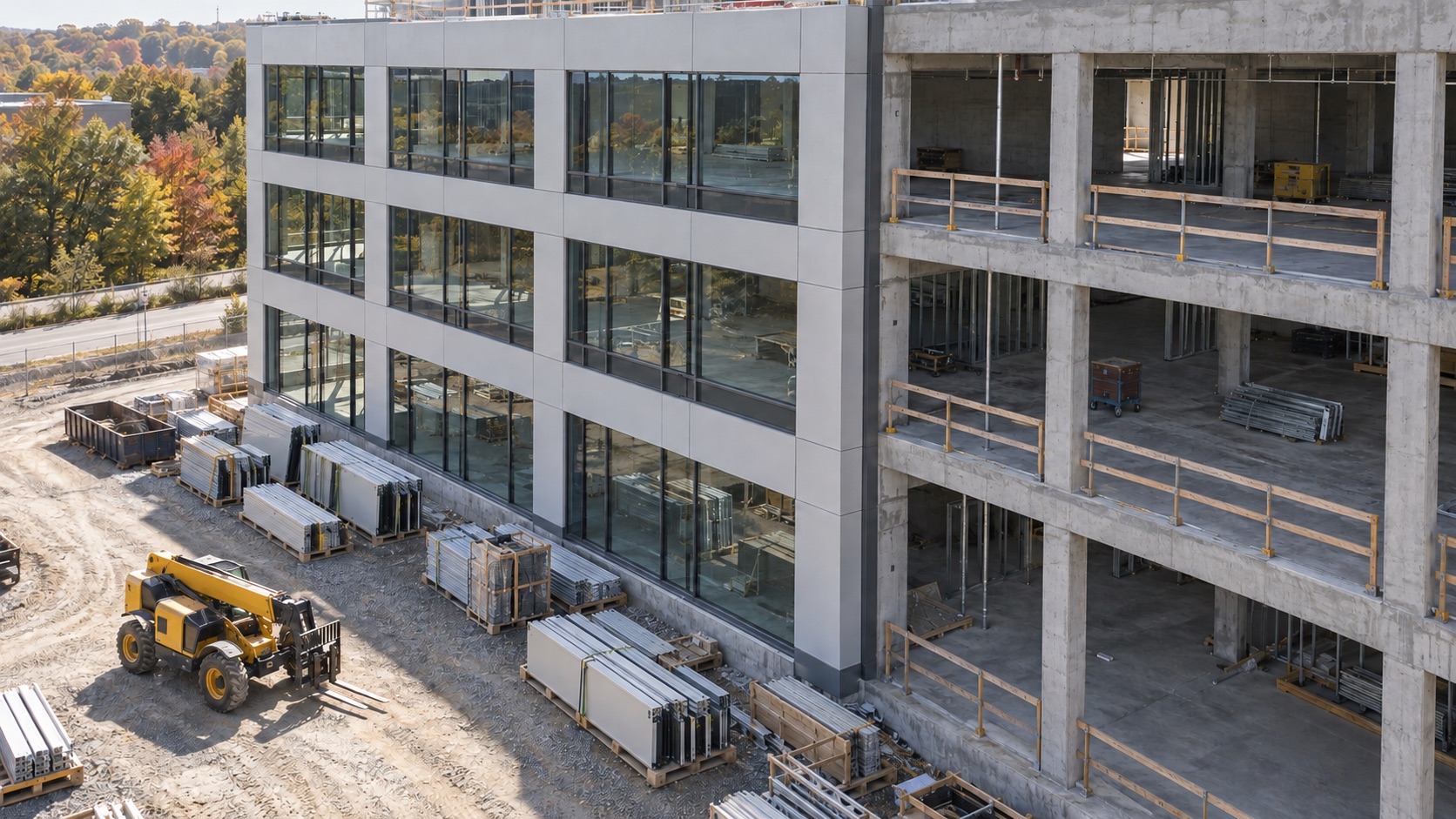 Closer aerial view of installed office facade panels beside open concrete bays, with material pallets and a telehandler below.
