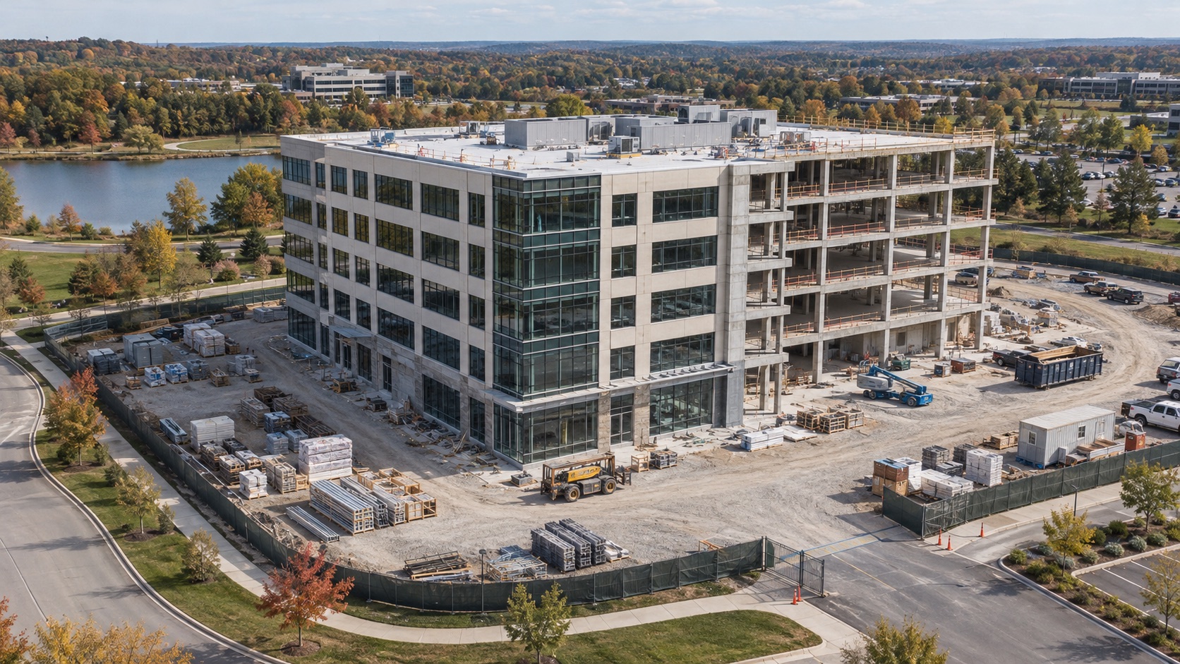 Oblique aerial view of a partially enclosed office building with a fenced construction site, material stacks and access road.