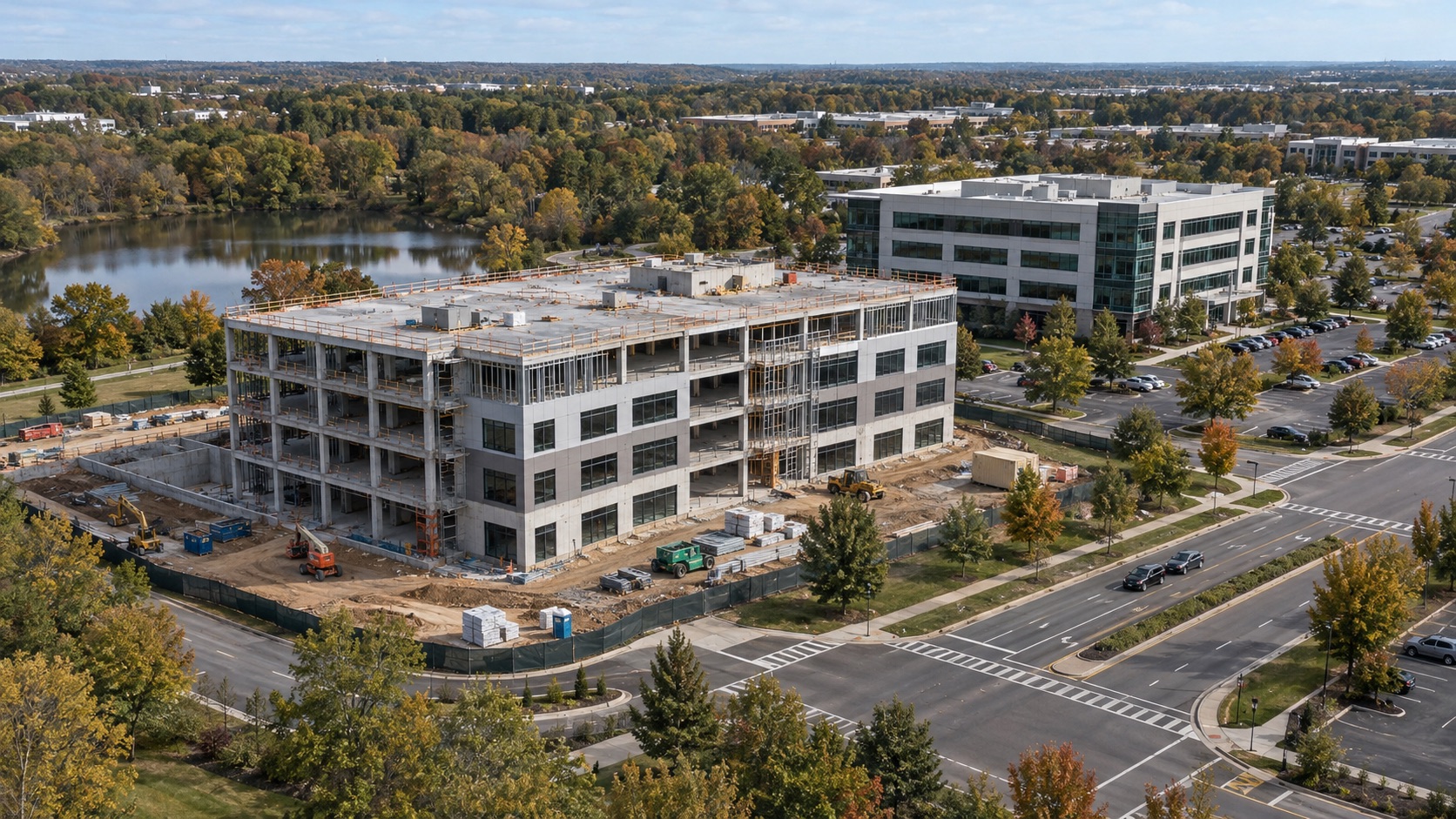 Wide aerial view of an office construction site beside a completed commercial building, road intersection and pond.