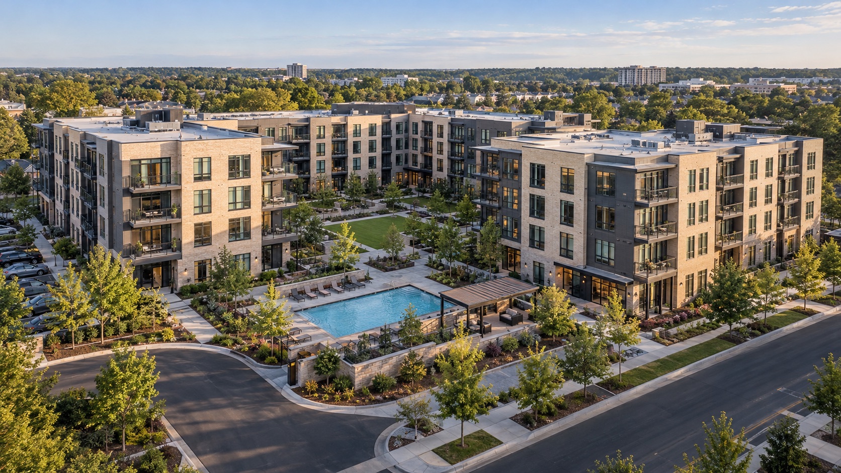 Oblique aerial view of midrise apartment wings around a landscaped courtyard, with shared paths, a pool and an arrival drive.