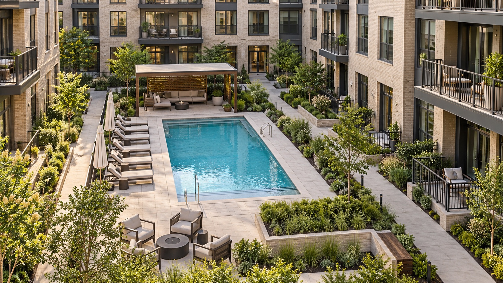 Elevated view of a rectangular courtyard pool, shaded seating and pedestrian paths between apartment buildings.