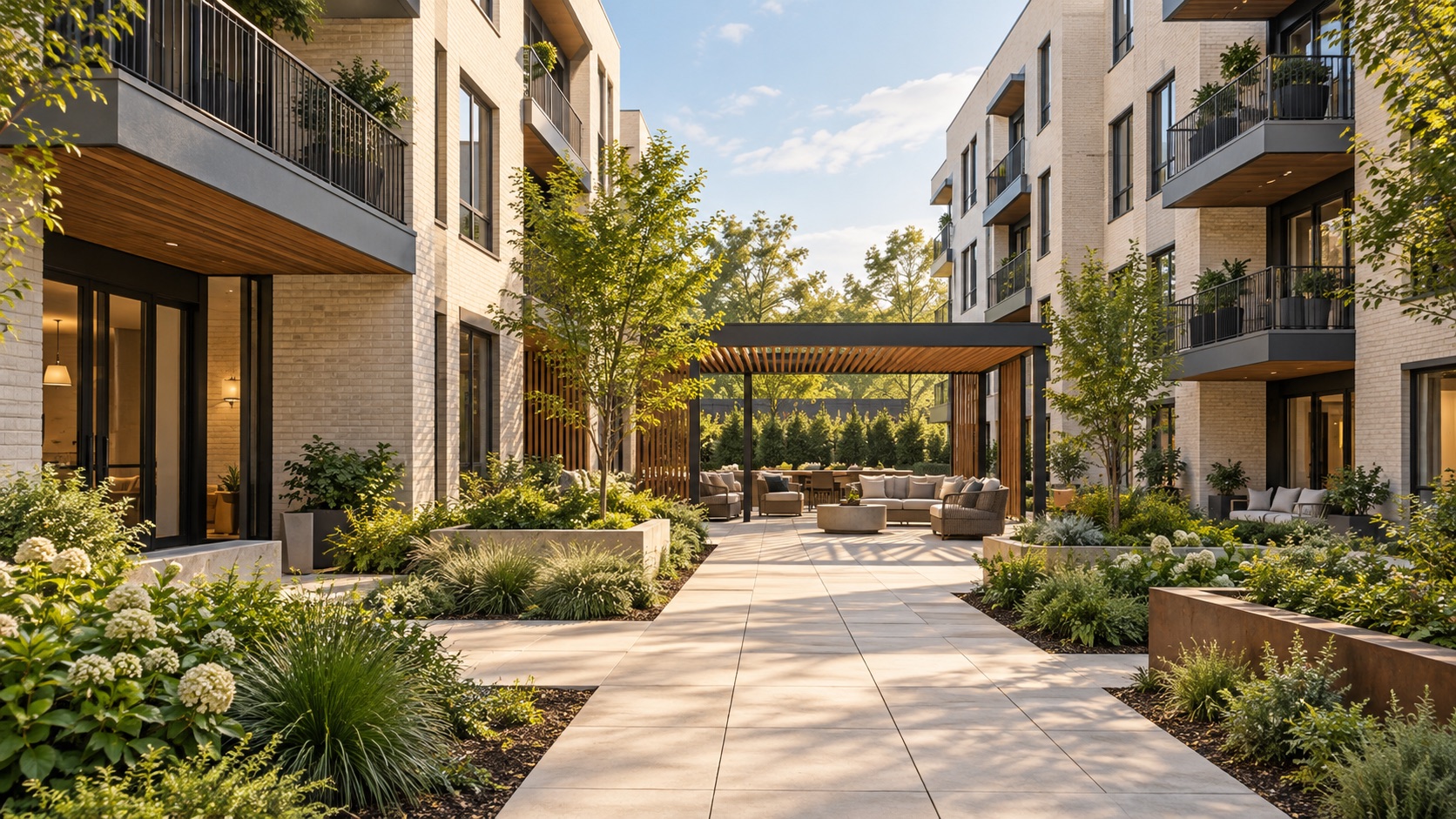 Landscaped pedestrian path between apartment buildings leading to an outdoor lounge beneath a pergola.