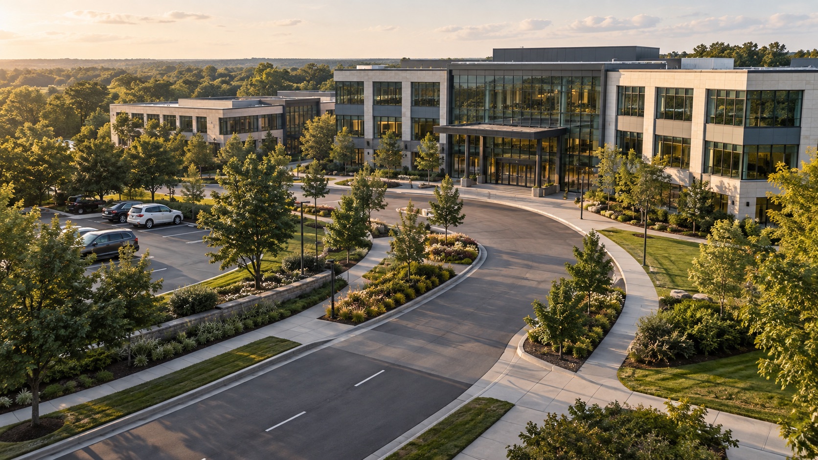 Elevated oblique view along a landscaped campus arrival road toward a glass office entrance and canopy.