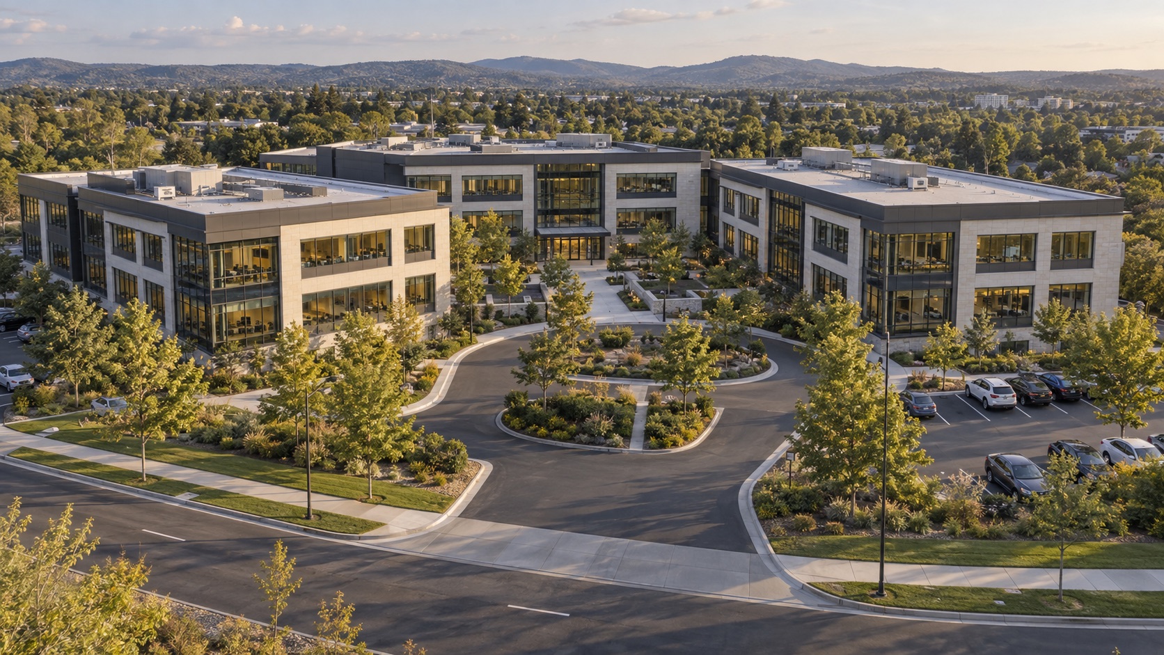 Wide oblique view of three modern office wings around a landscaped courtyard, with an arrival drive and surrounding access road.