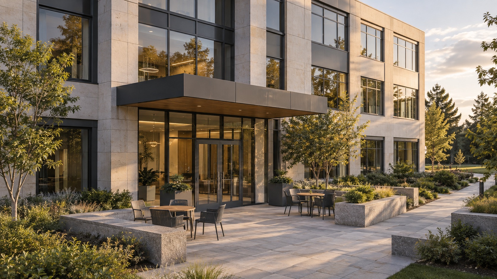 Modern office entrance beneath a slate canopy beside a landscaped terrace with outdoor seating and a pedestrian path.